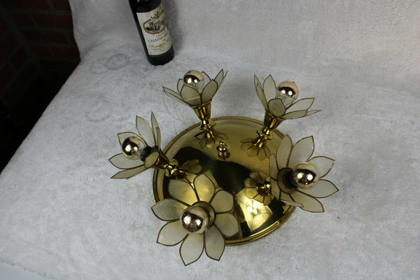 Mid century DEKNUDT Brass mother pear capiz shell flower flush mount chandelier