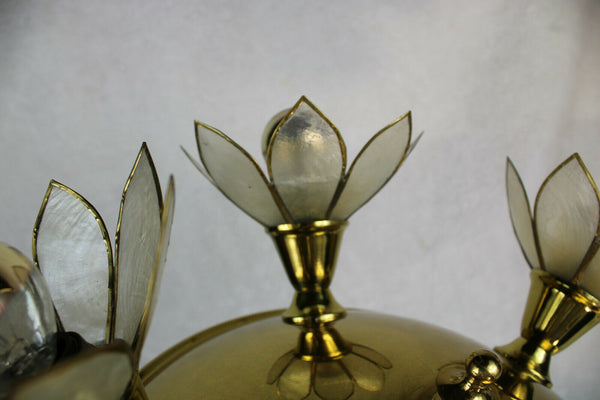 Mid century DEKNUDT Brass mother pear capiz shell flower flush mount chandelier