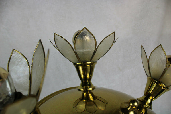 Mid century DEKNUDT Brass mother pear capiz shell flower flush mount chandelier