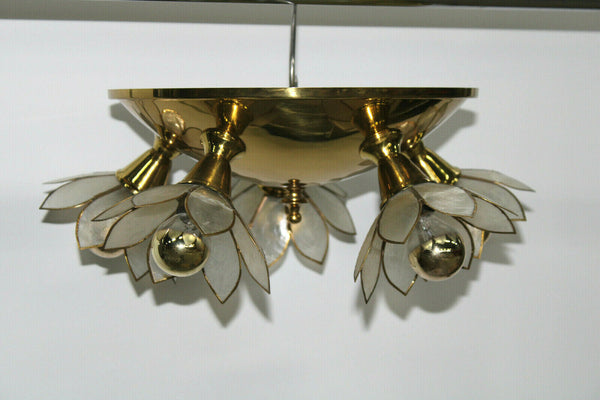 Mid century DEKNUDT Brass mother pear capiz shell flower flush mount chandelier