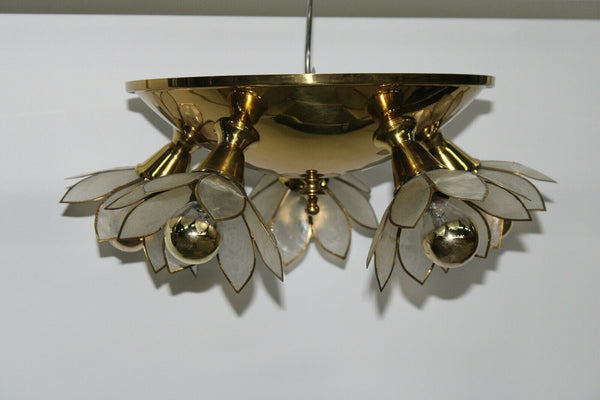 Mid century DEKNUDT Brass mother pear capiz shell flower flush mount chandelier