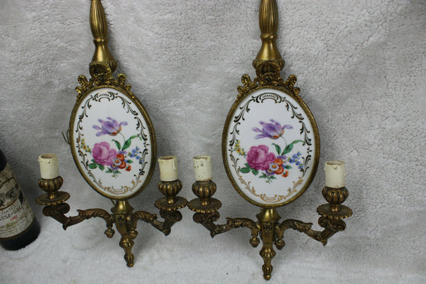 PAIR french limoges porcelain plaque floral wall lights sconces rare 1970