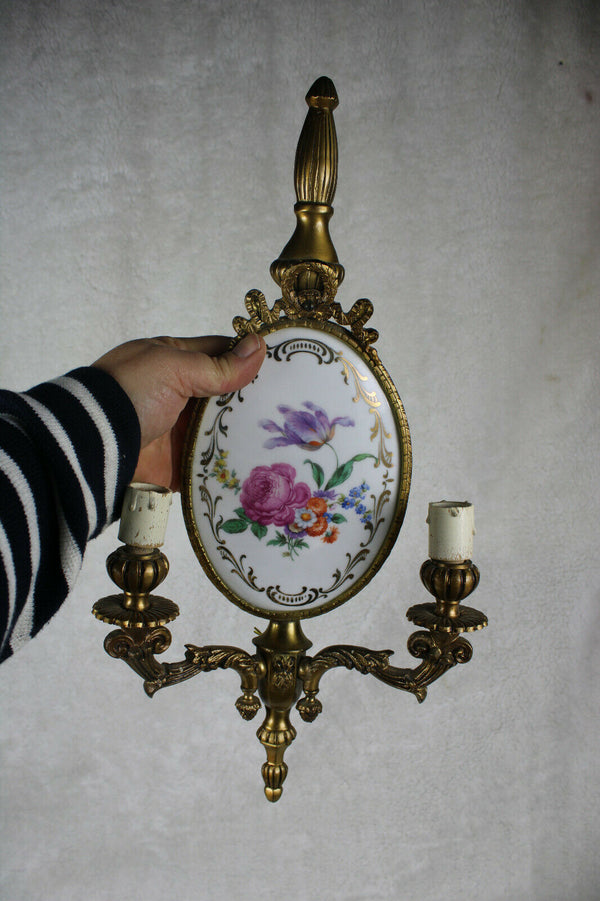 PAIR french limoges porcelain plaque floral wall lights sconces rare 1970