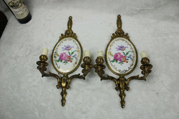 PAIR french limoges porcelain plaque floral wall lights sconces rare 1970