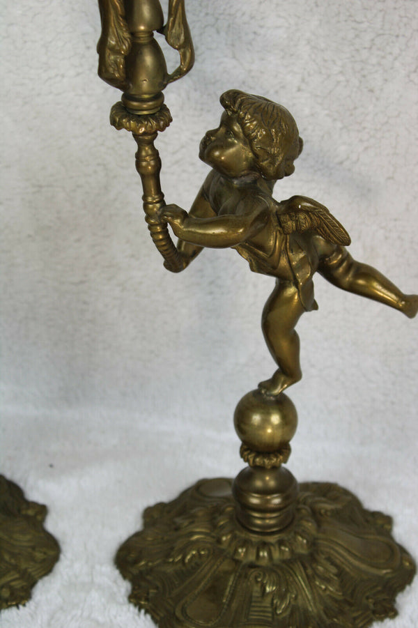 PAIR bronze putti cherub Dragon bird candle holder lamps