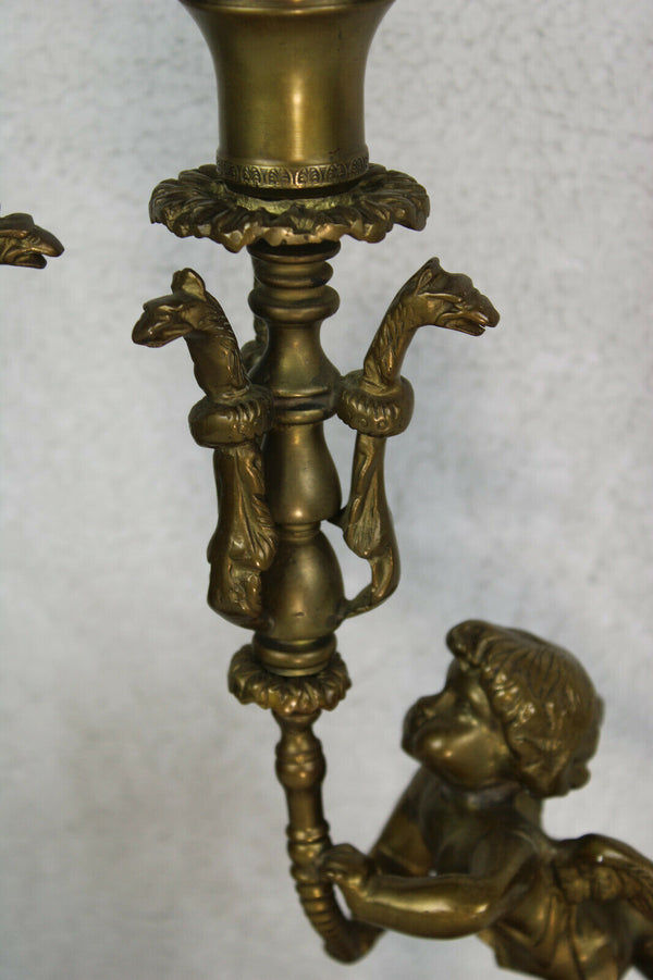 PAIR bronze putti cherub Dragon bird candle holder lamps