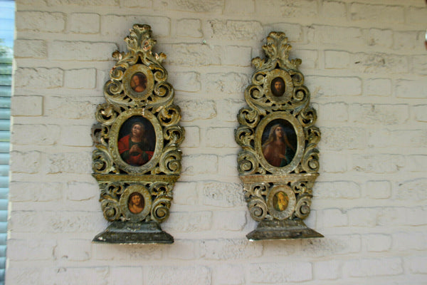 Rare PAIR church antique 18thc wood carved religious plaques panel 3 painting
