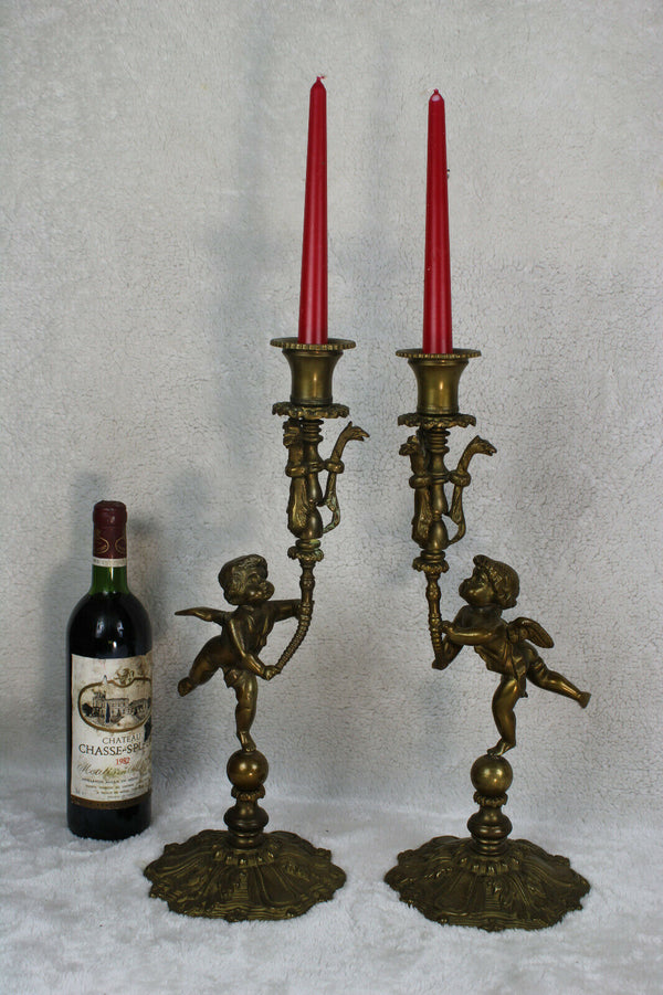 PAIR bronze putti cherub Dragon bird candle holder lamps