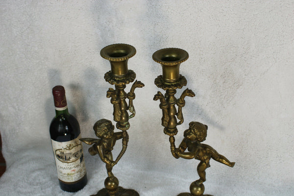 PAIR bronze putti cherub Dragon bird candle holder lamps