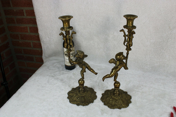 PAIR bronze putti cherub Dragon bird candle holder lamps