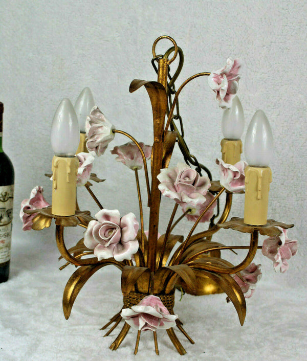 Vintage french metal gold gilt 1970 pink porcelain roses  chandelier lamp