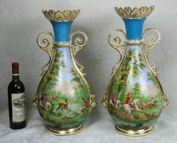 XL pair antique vieux paris hand paint porcelain vases hunting dog deer scene