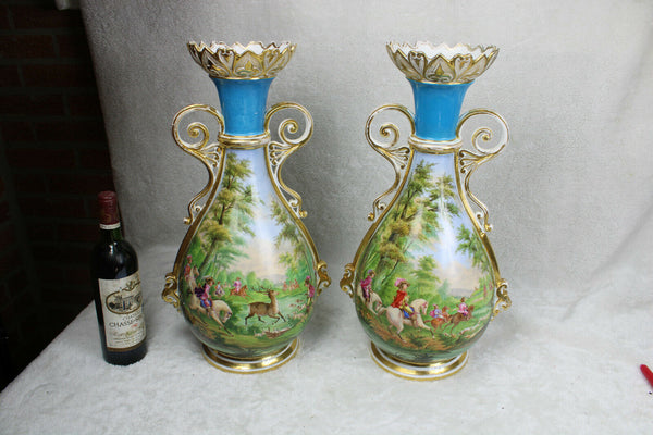 XL pair antique vieux paris hand paint porcelain vases hunting dog deer scene