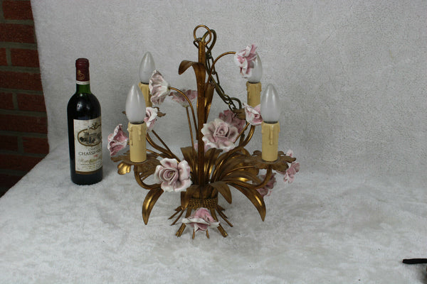 Vintage french metal gold gilt 1970 pink porcelain roses  chandelier lamp