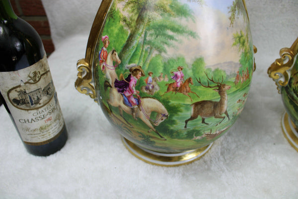 XL pair antique vieux paris hand paint porcelain vases hunting dog deer scene