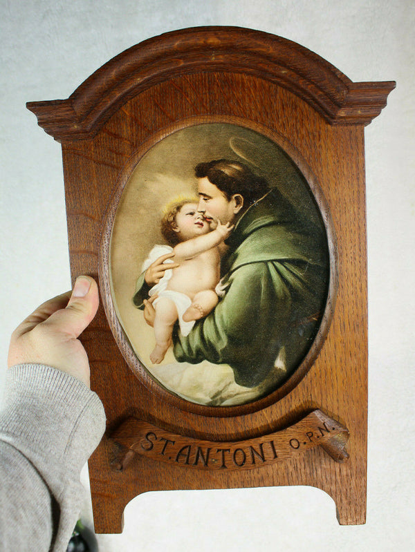 Gorgeous antique religious wood carvved saint anthony wall panel litho