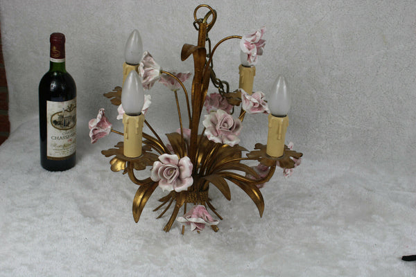 Vintage french metal gold gilt 1970 pink porcelain roses  chandelier lamp