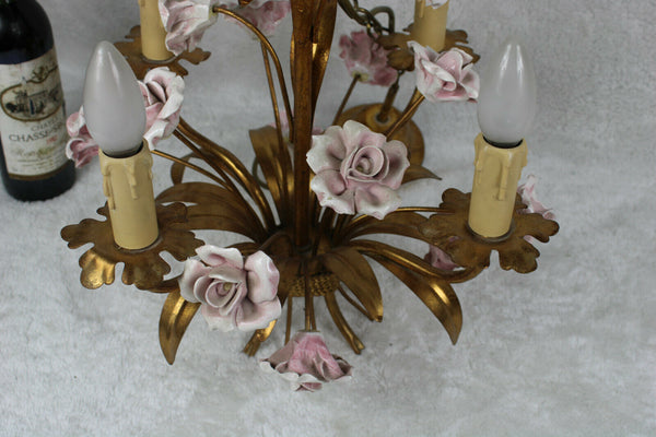 Vintage french metal gold gilt 1970 pink porcelain roses  chandelier lamp