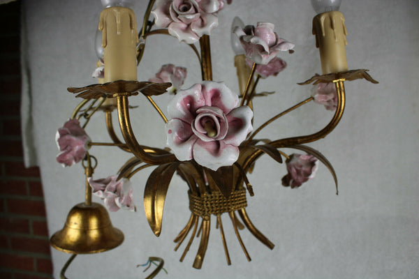 Vintage french metal gold gilt 1970 pink porcelain roses  chandelier lamp