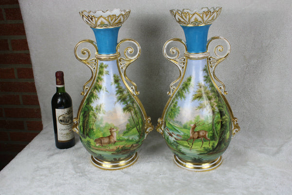 XL pair antique vieux paris hand paint porcelain vases hunting dog deer scene