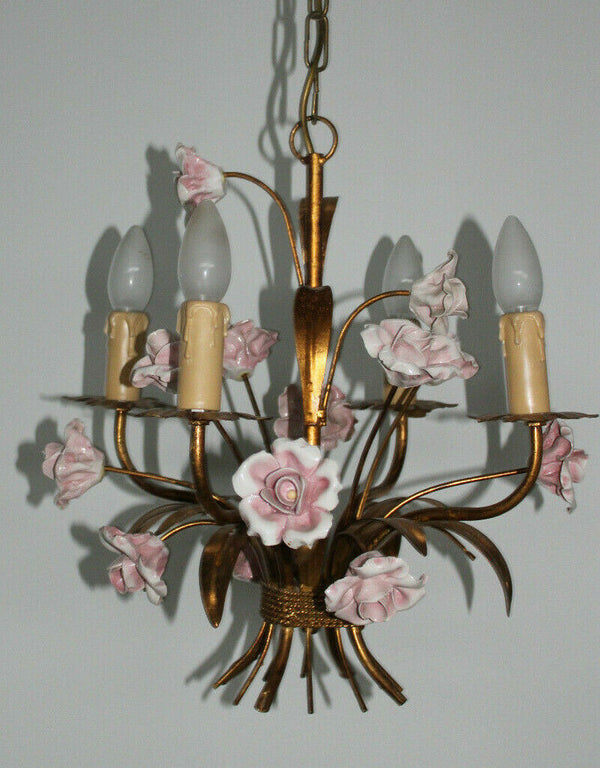 Vintage french metal gold gilt 1970 pink porcelain roses  chandelier lamp