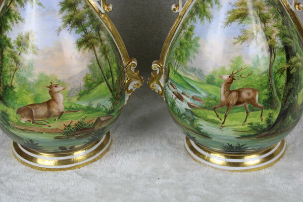 XL pair antique vieux paris hand paint porcelain vases hunting dog deer scene