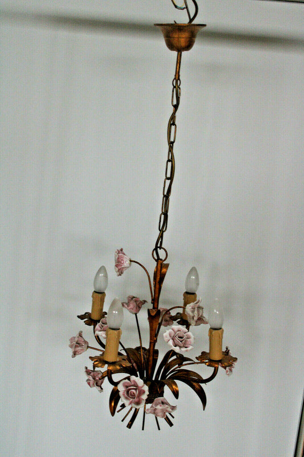 Vintage french metal gold gilt 1970 pink porcelain roses  chandelier lamp