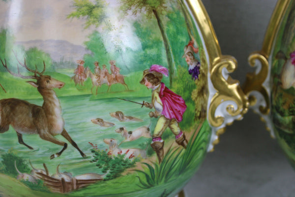 XL pair antique vieux paris hand paint porcelain vases hunting dog deer scene