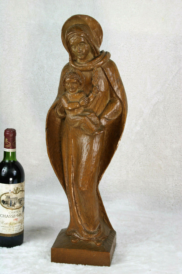 Antique wood carved statue madonna mary with child signed