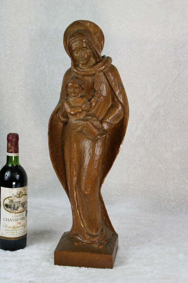 Antique wood carved statue madonna mary with child signed