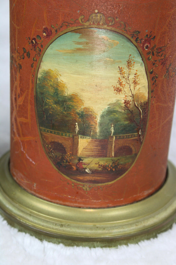 Antique french metal enamel landscape medaillon painting floral  decor lamp