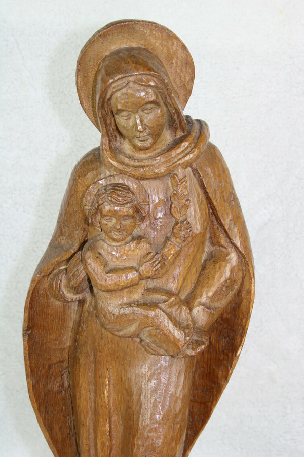 Antique wood carved statue madonna mary with child signed