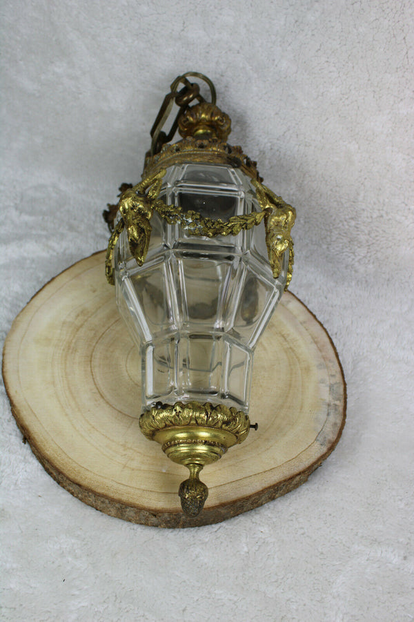 Antique french Bronze ram head crystal glass lantern lamp Chandelier 1900s