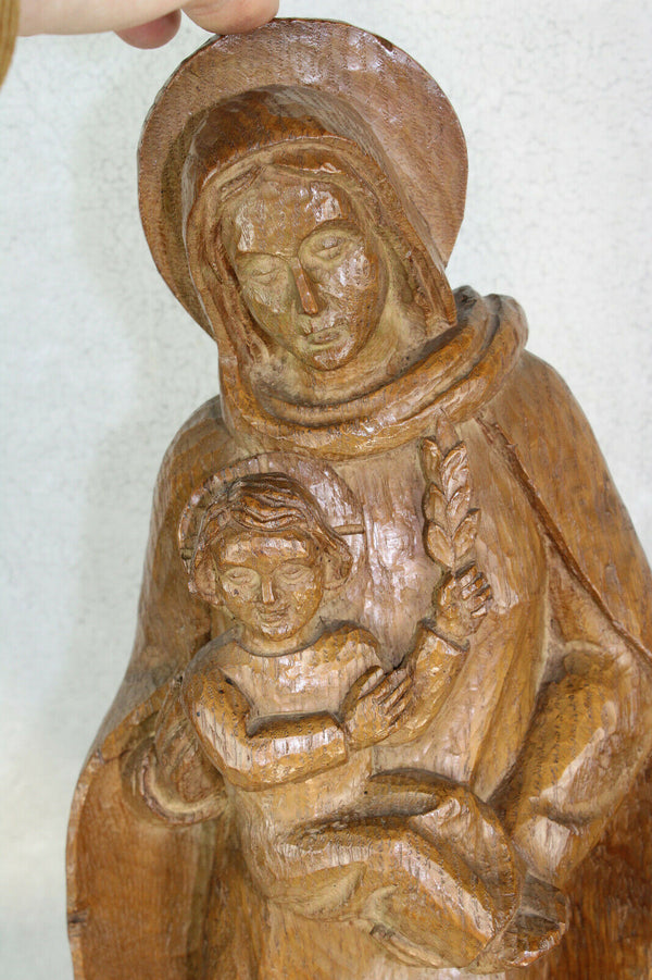 Antique wood carved statue madonna mary with child signed