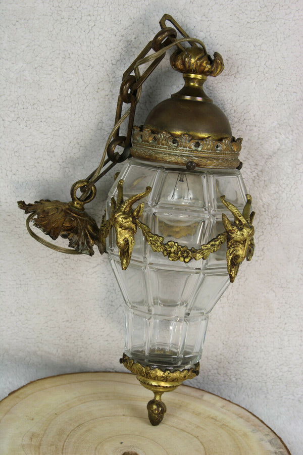 Antique french Bronze ram head crystal glass lantern lamp Chandelier 1900s