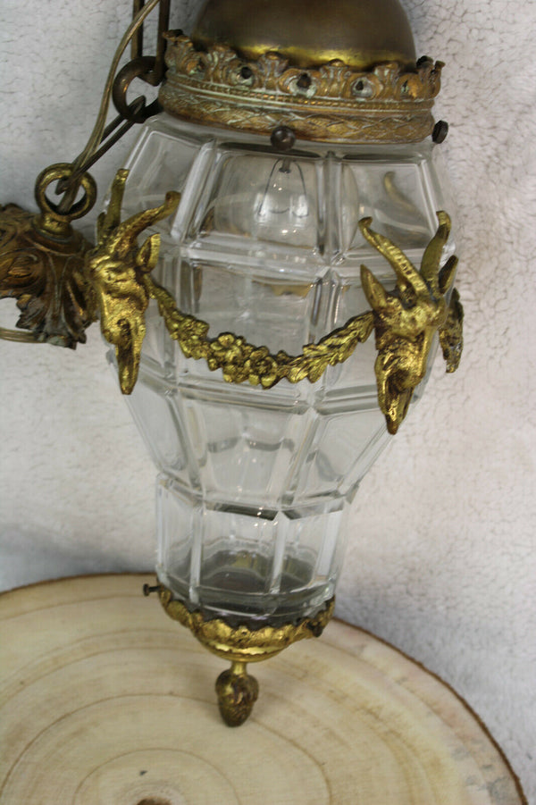 Antique french Bronze ram head crystal glass lantern lamp Chandelier 1900s