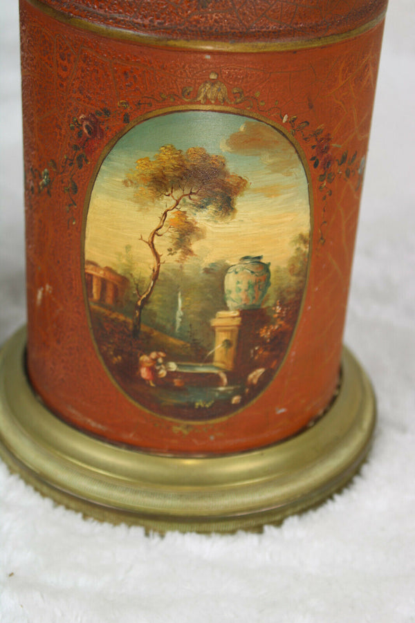 Antique french metal enamel landscape medaillon painting floral  decor lamp