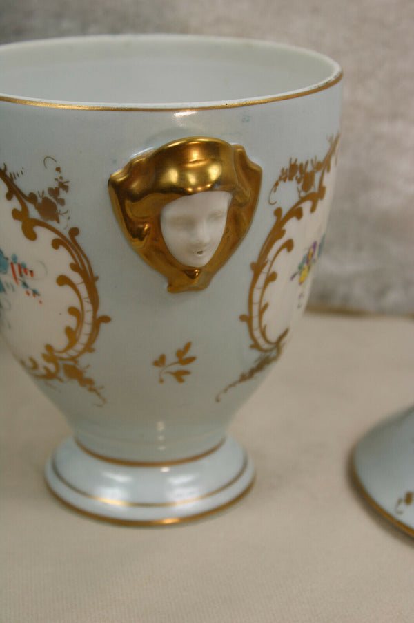 French Limoges marked porcelain bonbonniere box floral caryatid heads