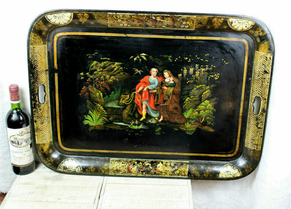 XL 19thc French Napoleon III tole serving tray hand paint religious family rare