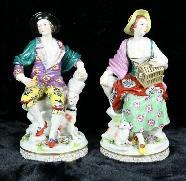 PAIR German sax porcelain marked figurine dog sheep bird romantic couple