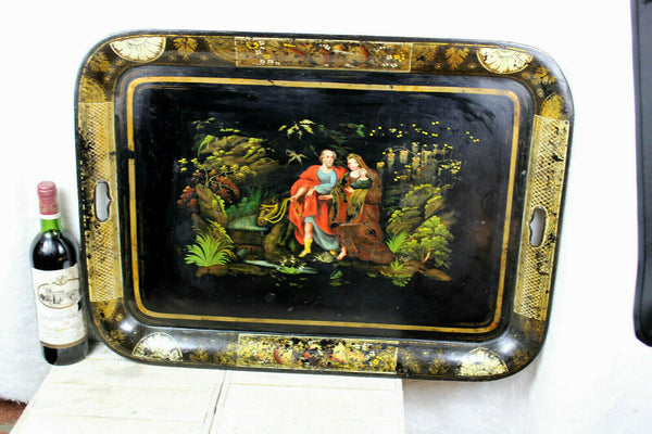 XL 19thc French Napoleon III tole serving tray hand paint religious family rare