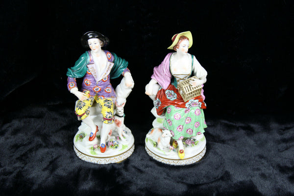 PAIR German sax porcelain marked figurine dog sheep bird romantic couple