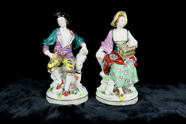 PAIR German sax porcelain marked figurine dog sheep bird romantic couple