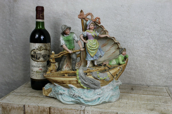 XL German bisque porcelain fishing boat family marked 1950s statue group