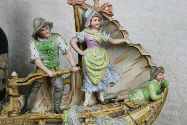 XL German bisque porcelain fishing boat family marked 1950s statue group