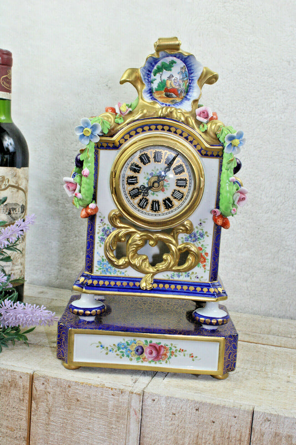 Gorgeous mantel clock floral fruit porcelain relief  marked 1970