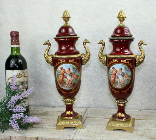 PAIR french limoges burgundy red romantic victorian scene vases swan handles