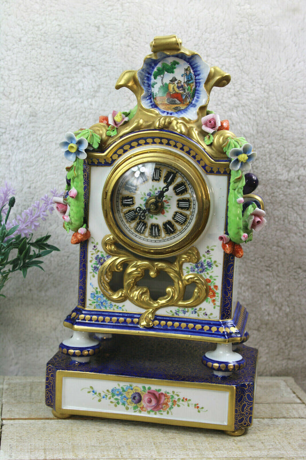 Gorgeous mantel clock floral fruit porcelain relief  marked 1970