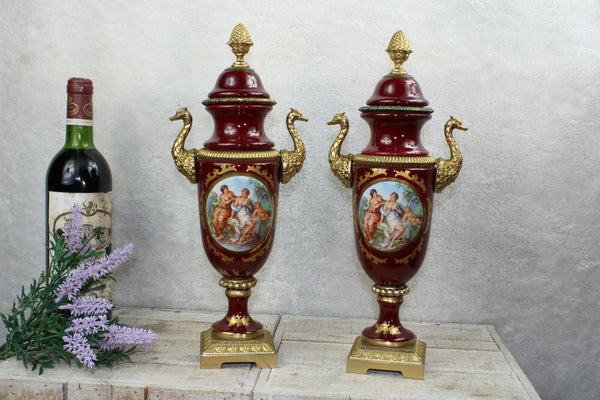 PAIR french limoges burgundy red romantic victorian scene vases swan handles