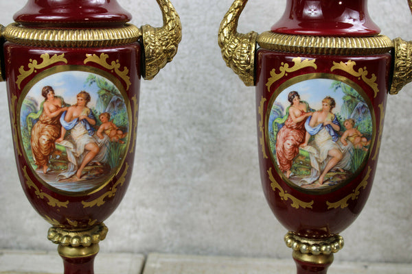 PAIR french limoges burgundy red romantic victorian scene vases swan handles